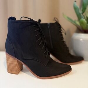 Calista Black Lace Up Ankle Boots Pointed Toe Stacked Block Heel Size 10W 41 NEW
